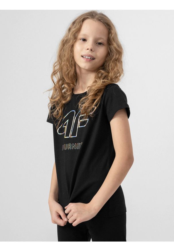 4f - T-shirt z nadrukiem dziewczęcy. Kolor: czarny. Materiał: bawełna, dzianina. Wzór: nadruk