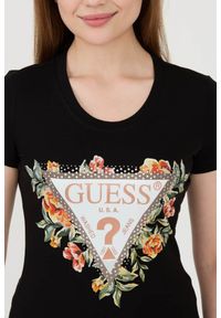 Guess - GUESS Czarny t-shirt Triangle Flowers. Kolor: czarny