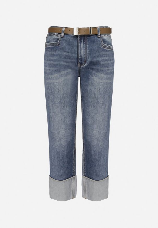 Born2be - Niebieskie Jeansy o Prostym Kroju z Wywiniętymi Nogawkami i Dodatkowym Paskiem Borenamia. Kolor: niebieski. Styl: klasyczny, elegancki