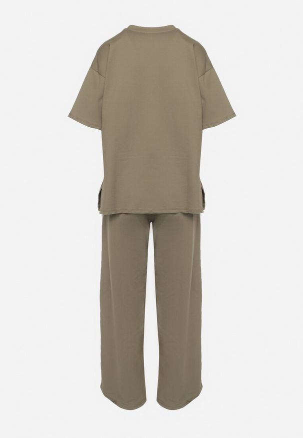 Born2be - Ciemnozielony Bawełniany Komplet Bluzka z Rozcięciami po Bokach Szerokie Spodnie z Gumką w Pasie Undrea. Kolor: zielony. Materiał: bawełna