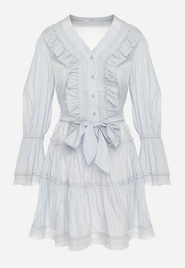 Born2be - Niebieska Rozkloszowana Mini Sukienka z Ozdobnymi Falbanami Guzikami i Materiałowym Paskiem w Talii Miorma. Typ kołnierza: kokarda. Kolor: niebieski. Materiał: materiał. Typ sukienki: rozkloszowane. Długość: mini