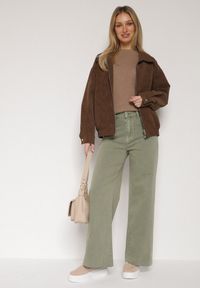 Born2be - Ciemnobeżowe Bawełniane Szerokie Jeansy z Wysokim Stanem Mhyrlia. Okazja: na co dzień. Stan: podwyższony. Kolor: brązowy. Styl: casual, elegancki #5