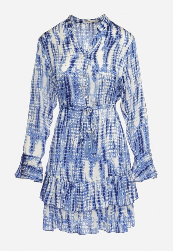 Born2be - Niebieska Sukienka Mini Ozdobiona Falbankami i Akwarelowym Wzorem Panava. Typ kołnierza: kołnierz z falbankami. Kolor: niebieski. Długość rękawa: długi rękaw. Wzór: aplikacja. Długość: mini