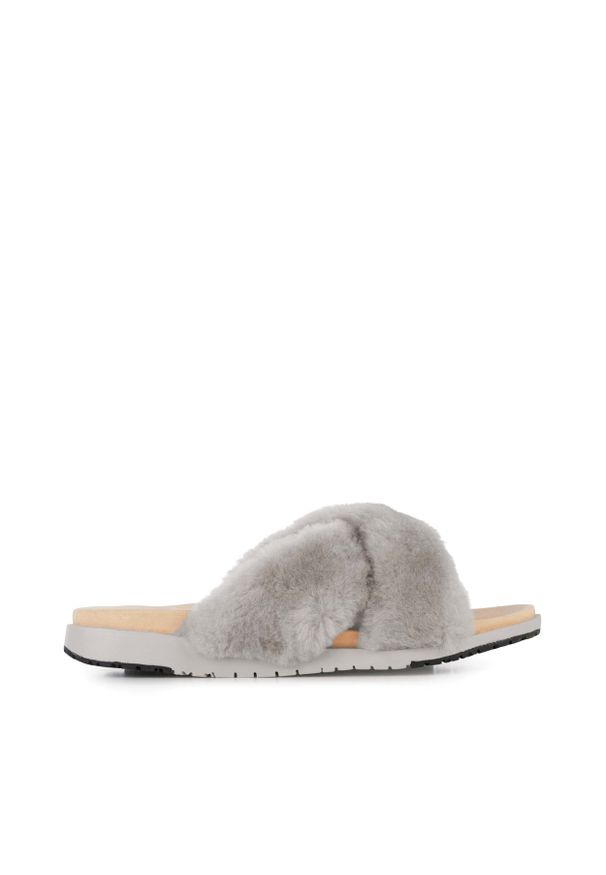 Szare klapki emu w paski, eleganckie