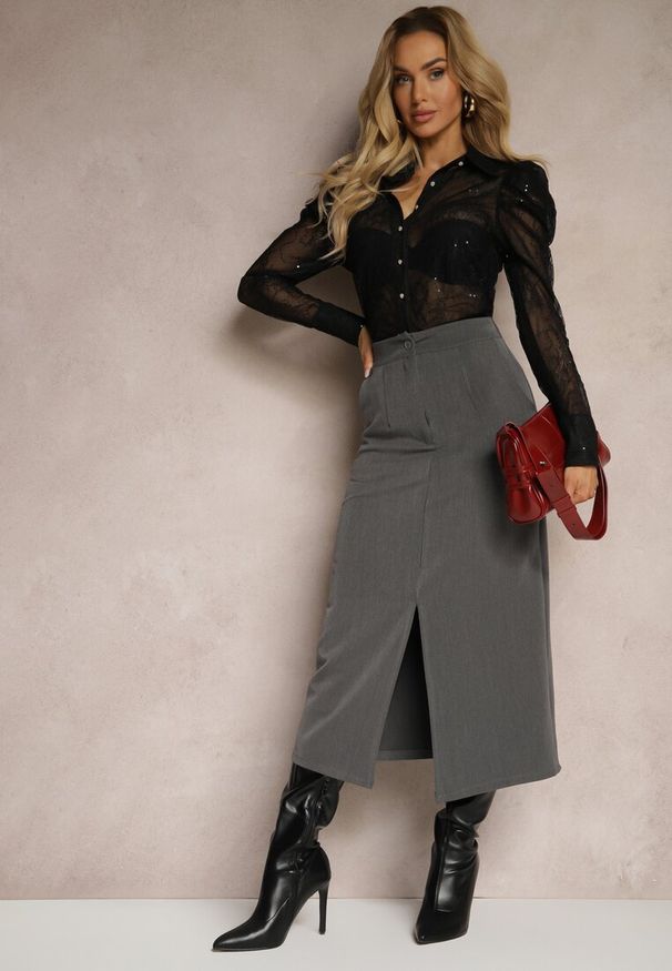 Renee - Szara Spódnica Ołówkowa z Wiskozą High Waist z Rozcięciem Semivinia. Okazja: na co dzień. Stan: podwyższony. Kolor: szary. Materiał: wiskoza. Styl: wizytowy, casual, elegancki