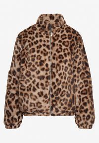 Born2be - Brązowa Futerkowa Kurtka ze Ściągaczami i Stójką w Cętki Viazelle. Okazja: na co dzień. Typ kołnierza: kołnierzyk stójkowy. Kolor: brązowy. Materiał: jeans. Wzór: motyw zwierzęcy. Styl: casual, elegancki #4