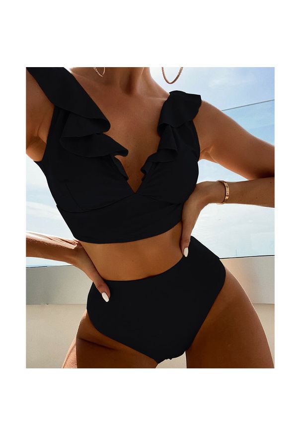 Intica - Dwuczęściowy strój kąpielowy z falbankami i wysoką talią Iolanthe. Kolor: czarny. Materiał: materiał