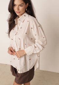 Born2be - Beżowa Koszula na Lato z Bawełny o Kroju Oversize w Paski i Haftowany Wzór Deinaris. Okazja: na co dzień. Kolor: beżowy. Materiał: bawełna. Długość: długie. Wzór: haft, paski. Sezon: lato. Styl: elegancki, casual #5