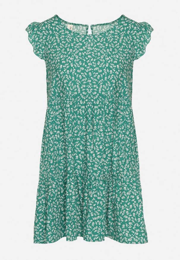 Born2be - Zielona Bawełniana Sukienka o Rozkloszowanym Kroju z Falbanką Anettes. Kolor: zielony. Materiał: bawełna. Długość rękawa: krótki rękaw. Typ sukienki: rozkloszowane. Styl: klasyczny