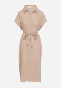 Born2be - Ciemnobeżowa Sukienka z Wiskozy o Koszulowym Kroju z Wiązanym Paskiem Danisna. Okazja: na co dzień. Kolor: beżowy. Materiał: wiskoza. Długość rękawa: krótki rękaw. Wzór: aplikacja. Typ sukienki: koszulowe. Styl: klasyczny, casual, elegancki. Długość: midi #5