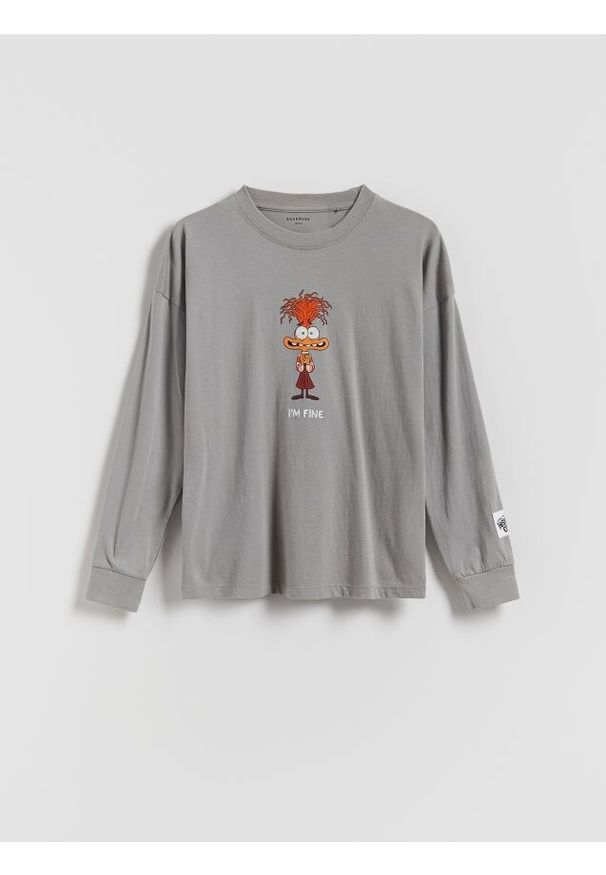 Reserved - Longsleeve z nadrukiem Inside Out - ciemnoszary. Kolor: szary. Materiał: dzianina, bawełna. Długość rękawa: długi rękaw. Wzór: nadruk