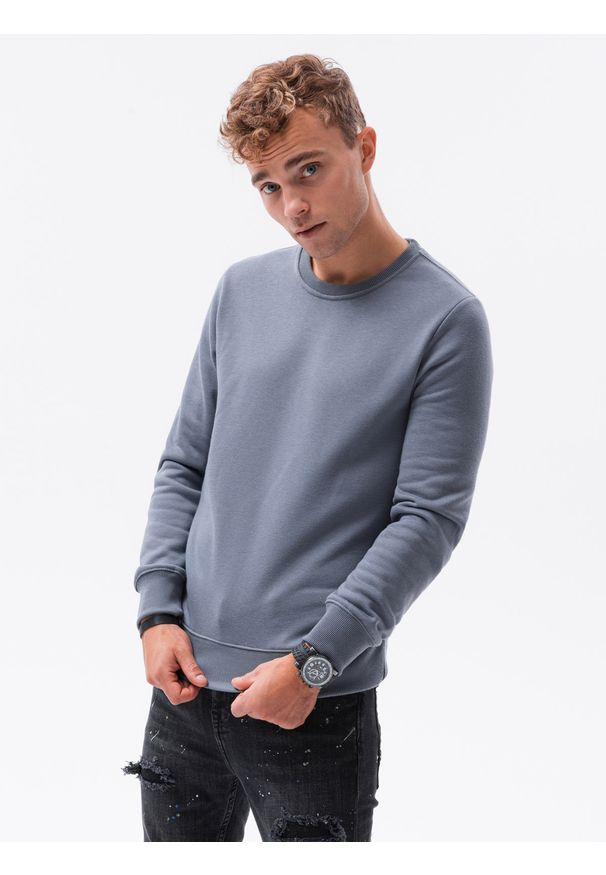 Ombre Clothing - Bluza męska bez kaptura BASIC - jeansowa V7 - Rozmiar: M. Okazja: na co dzień. Typ kołnierza: bez kaptura. Materiał: jeans. Styl: klasyczny, casual