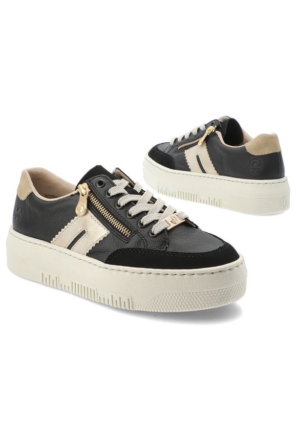 Czarne Sneakersy Rieker Stylowe Obuwie Damskie Na Platformie. Okazja: na co dzień. Zapięcie: sznurówki. Kolor: czarny. Materiał: materiał. Obcas: na platformie