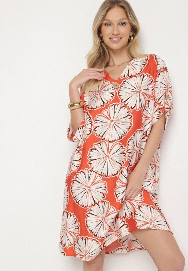 Born2be - Pomarańczowa Pudełkowa Sukienka z Lnem i Wiskozą w Kwiaty Rinosea. Okazja: na co dzień. Kolor: pomarańczowy. Materiał: wiskoza, len. Wzór: kwiaty. Styl: casual, klasyczny