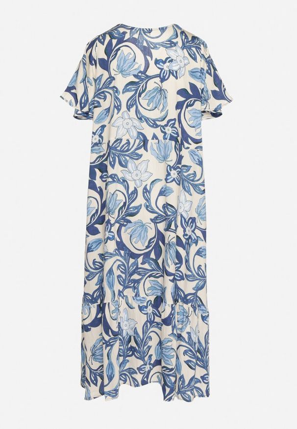 Born2be - Niebieska Pudełkowa Sukienka z Wiskozy w Kwiaty z Dekoltem w Serek Inisara. Okazja: na co dzień. Typ kołnierza: dekolt w serek. Kolor: niebieski. Materiał: wiskoza. Długość rękawa: krótki rękaw. Wzór: kwiaty. Styl: klasyczny, casual, elegancki