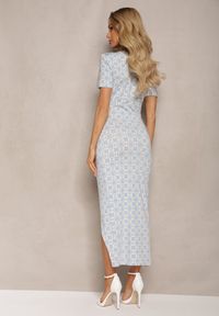 Renee - Niebieska Sukienka Bodycon z Kopertowym Dekoltem Rozcięciem i Subtelnym Drapowaniem Zaleatie. Okazja: na co dzień. Typ kołnierza: dekolt kopertowy. Kolor: niebieski. Typ sukienki: kopertowe, bodycon. Styl: casual