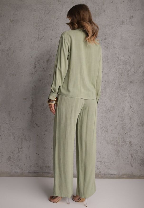 Renee - Zielony Komplet z Wiskozy Spodnie Szerokie i Koszula z Ozdobnym Materiałem Airial. Kolor: zielony. Materiał: wiskoza, materiał
