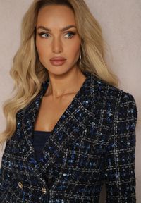 Renee - Czarno-Granatowa Tweedowa Marynarka Dwurzędowa Zapinana na Biżuteryjne Guziki Nallet. Kolor: czarny. Materiał: materiał. Styl: retro, elegancki