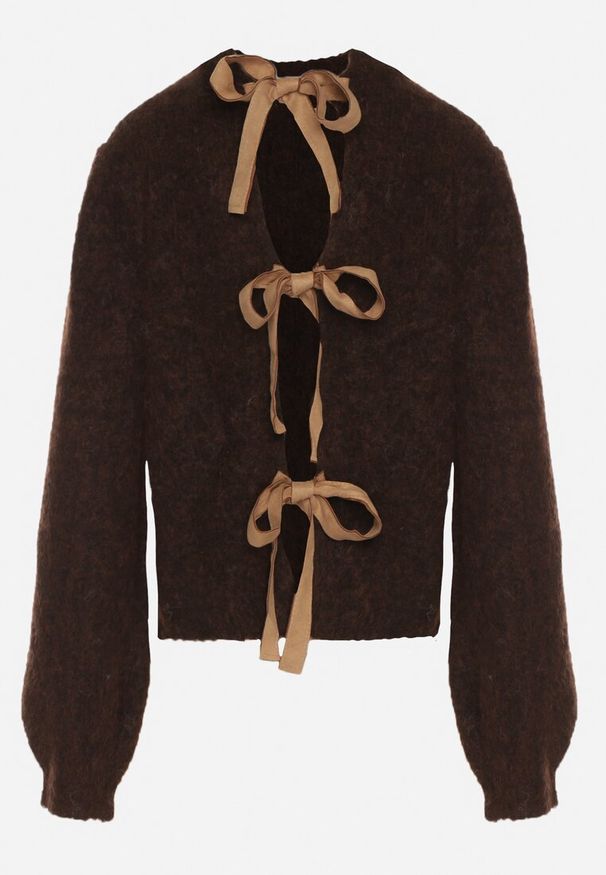 Born2be - Brązowy Kardigan z Wełną i Bufiastymi Rękawami Wiązany na Plecach Tuseleia. Okazja: na co dzień. Kolor: brązowy. Materiał: wełna. Styl: casual