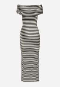 Born2be - Czarno-Biała Sukienka Typu Hiszpanka z Rozcięciem u Dołu w Paski Vikittas. Okazja: na spacer, na co dzień. Typ kołnierza: dekolt hiszpanka. Kolor: czarny. Materiał: wiskoza. Wzór: paski. Sezon: lato. Typ sukienki: proste. Styl: casual #4