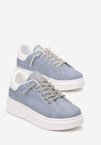 Renee - Niebieskie Sneakersy Sznurowane Ozdobione Cyrkoniami na Grubej Podeszwie Dessia. Nosek buta: okrągły. Kolor: niebieski. Wzór: aplikacja #5