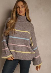 Renee - Beżowy Golf z Wełną w Paski Monallesa. Okazja: na co dzień. Typ kołnierza: golf. Kolor: beżowy. Materiał: wełna. Wzór: paski. Sezon: jesień. Styl: casual #3