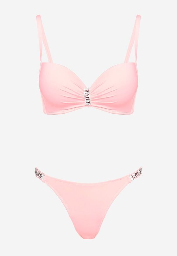 Born2be - Jasnoróżowe Bikini z Usztywnianym Biustonoszem z Regulowanymi Ramiączkami Zdobione Cyrkoniami Sloella. Kolor: różowy. Długość: długie. Wzór: aplikacja