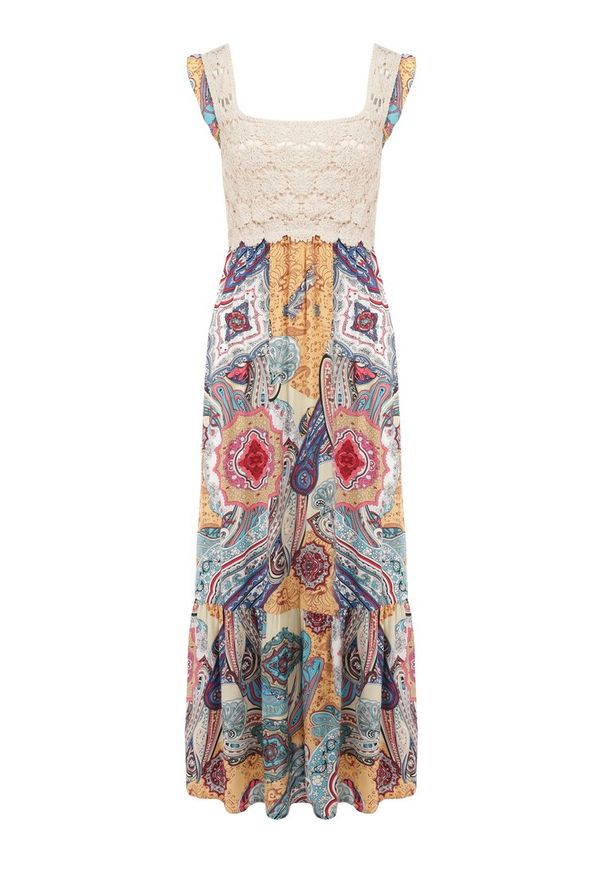 Born2be - Beżowo-Niebieska Sukienka Missey. Typ kołnierza: dekolt kwadratowy, kołnierz z falbankami. Kolor: niebieski. Materiał: wiskoza. Długość rękawa: na ramiączkach. Wzór: nadruk, aplikacja, haft. Sezon: lato. Długość: maxi