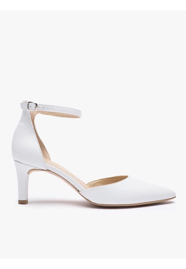 Ryłko - Białe ślubne czółenka ze skóry licowej. Okazja: na wesele, na ślub cywilny. Zapięcie: pasek. Kolor: biały. Materiał: skóra. Obcas: na obcasie. Styl: klasyczny, street. Wysokość obcasa: średni