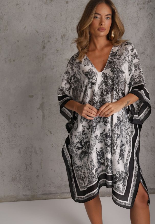 Renee - Czarne Ponczo z Wiskozy z Dekoltem w Serek Zdobione Wzorem Jolina. Typ kołnierza: dekolt w serek. Kolor: czarny. Materiał: wiskoza. Wzór: aplikacja. Styl: boho