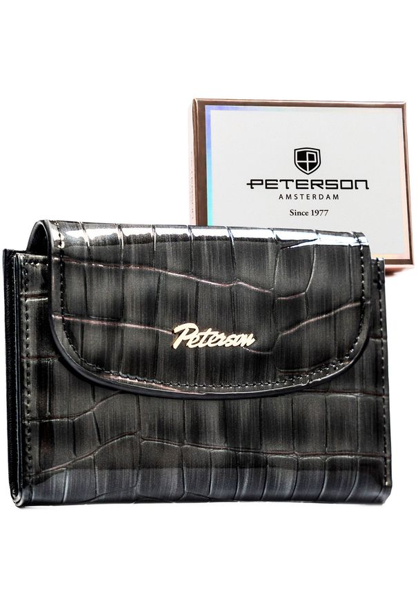 Szary portfel damski ze skóry ekologicznej z tłoczeniem na wzór skóry krokodyla - Peterson. Kolor: szary. Materiał: skóra ekologiczna. Wzór: aplikacja