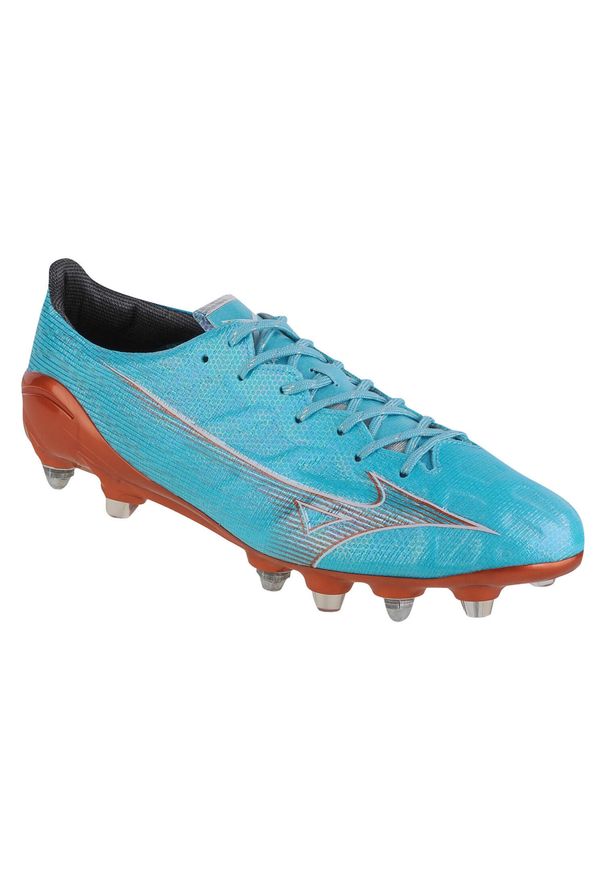 Buty piłkarskie - korki męskie, Mizuno Alpha Japan Mix. Zapięcie: sznurówki. Kolor: niebieski. Materiał: materiał, syntetyk. Szerokość cholewki: normalna. Sport: piłka nożna