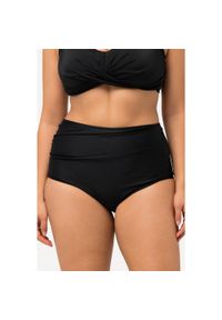 ULLA POPKEN - Damski Dół od bikini drapowanie wysoki stan. Kolekcja: plus size. Kolor: czarny. Materiał: poliester, elastan, poliamid, materiał