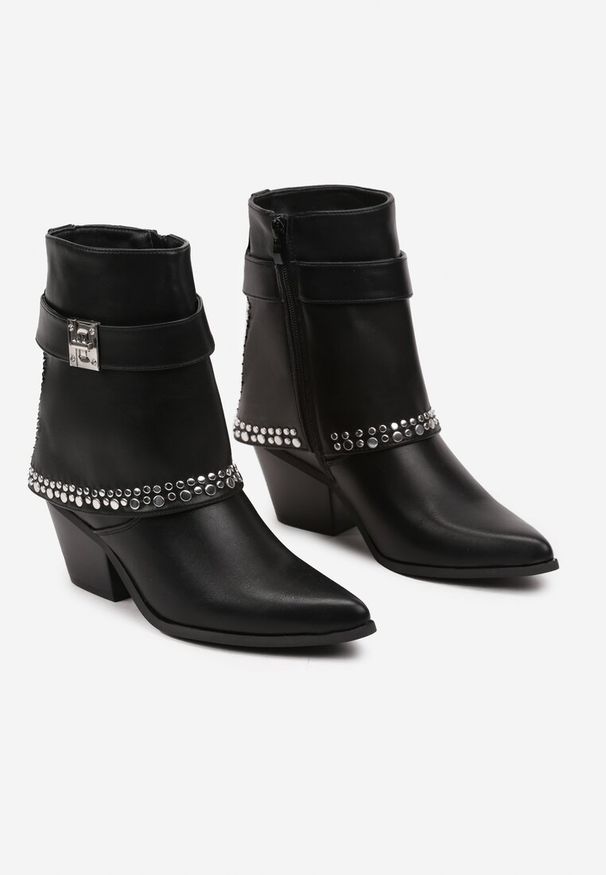 Renee - Czarne Botki na Stożku w Stylu Kowbojek z Ćwiekami i Wywiniętą Cholewką Ardiola. Kolor: czarny. Materiał: jeans, skóra. Szerokość cholewki: normalna. Obcas: na stożku. Wysokość obcasa: średni