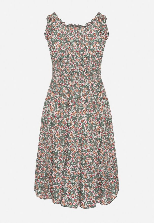 Born2be - Zielono-Różowa Rozkloszowana Sukienka z Bawełny Wykończona Gumką w Talii Nelaris. Okazja: na imprezę, na randkę. Typ kołnierza: dekolt hiszpanka. Kolor: zielony. Materiał: bawełna. Długość rękawa: na ramiączkach. Styl: boho