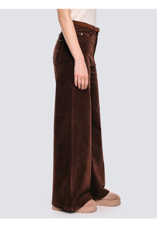 Big-Star - Spodnie damskie sztruksowe z szeroką nogawką ciemnobrązowe Celinesi 804. Stan: podwyższony. Kolor: brązowy. Materiał: sztruks. Długość: krótkie. Wzór: prążki. Sezon: lato. Styl: klasyczny