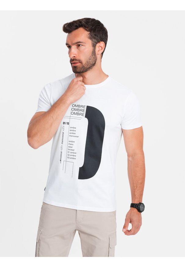 Ombre Clothing - T-shirt męski bawełniany z nadrukiem - biały V1 - Rozmiar: XL. Okazja: na co dzień. Kolor: biały. Materiał: bawełna. Wzór: nadruk. Styl: casual