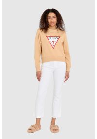 Guess - GUESS Beżowa bluza damska z dużym logotypem regular fit. Kolor: beżowy. Materiał: bawełna #3