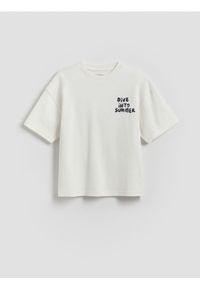 Reserved - Bawełniany t-shirt z nadrukiem - złamana biel. Materiał: bawełna. Wzór: nadruk