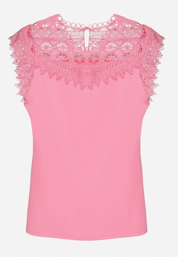 Born2be - Różowy Top z Bawełny Ozdobiony Koronką Liriona. Okazja: na co dzień. Kolor: różowy. Materiał: bawełna, koronka. Wzór: aplikacja, koronka. Styl: elegancki, casual