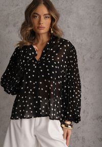 Renee - Czarna Koszula z Wiskozy i Bawełny Zdobiona Groszkami i Plisami na Rękawach Osharus. Okazja: na co dzień. Kolor: czarny. Materiał: wiskoza, bawełna. Wzór: aplikacja, grochy. Styl: casual #1