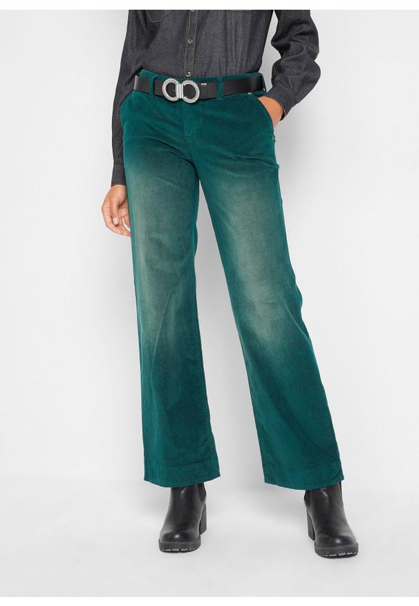 bonprix - Spodnie sztruksowe ze stretchem, wide leg. Kolor: zielony. Materiał: sztruks