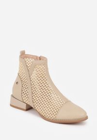 Renee - Beżowe Plecione Botki z Wkładką ze Skóry Naturalnej Nadelle. Kolor: beżowy. Materiał: skóra. Wzór: haft. Styl: elegancki, boho #8