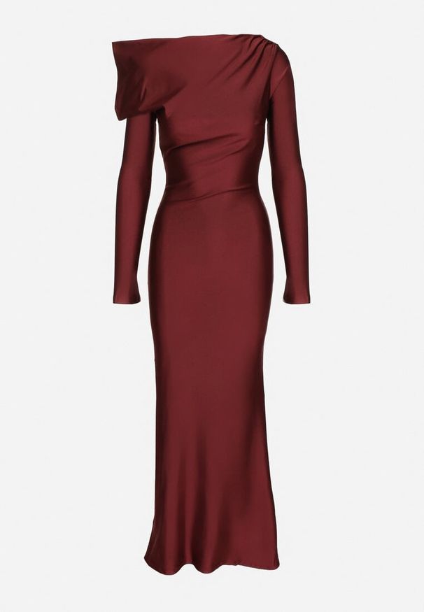 Born2be - Bordowa Dopasowana Sukienka z Rozcięciem i Asymetrycznym Dekoltem Ravielis. Okazja: na imprezę. Kolor: czerwony. Długość rękawa: długi rękaw. Typ sukienki: asymetryczne. Styl: elegancki, klasyczny