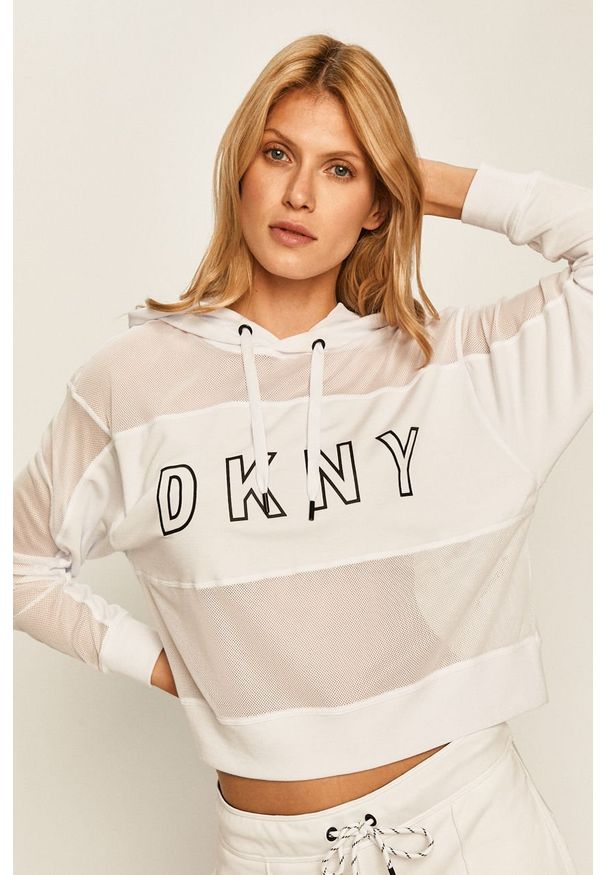 DKNY - Dkny - Bluza. Typ kołnierza: kaptur. Kolor: biały. Materiał: poliester, dzianina, elastan. Wzór: aplikacja