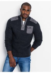 bonprix - Sweter ze stójką z grubej dzianiny ze wstawkami. Typ kołnierza: kołnierzyk stójkowy. Kolor: szary. Materiał: tkanina, dzianina. Wzór: ze splotem #1