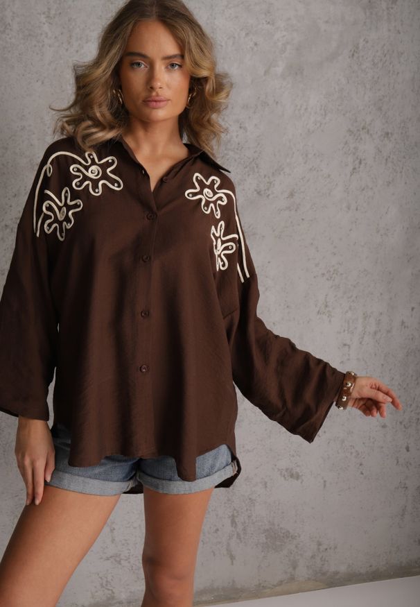 Renee - Brązowa Wiskozowa Koszula Nietoperz z Regulowanymi Rękawami i Haftem Drenesh. Kolor: brązowy. Materiał: wiskoza. Wzór: haft. Styl: boho