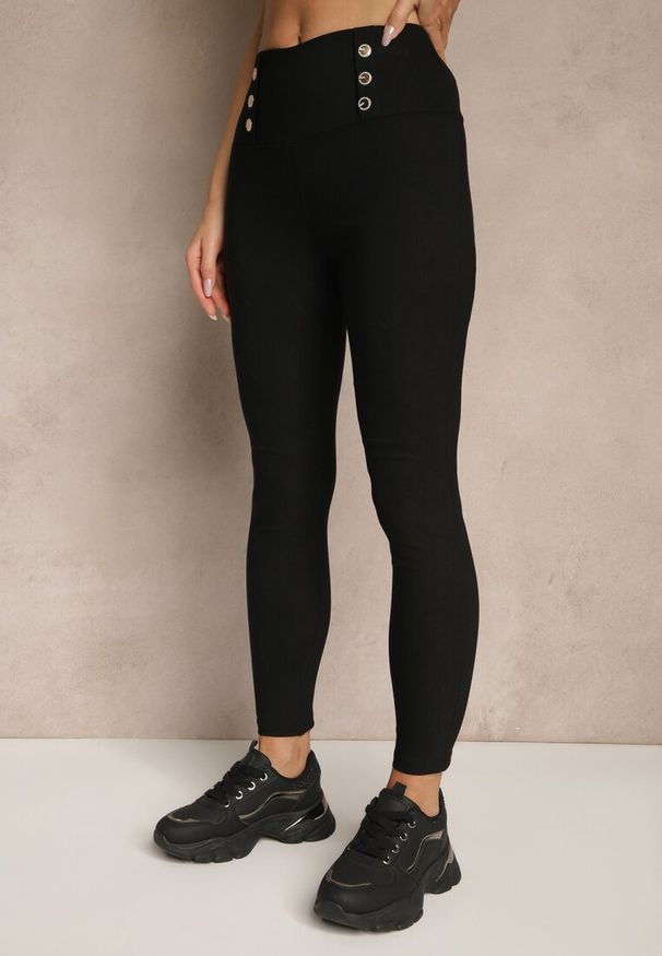 Renee - Czarne Legginsy High Waist z Ozdobnymi Guzikami Kolowenia. Stan: podwyższony. Kolor: czarny. Materiał: tkanina