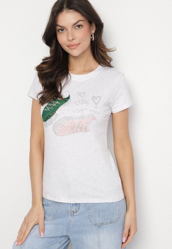 Born2be - Jasnoszary Bawełniany T-shirt z Nadrukiem z Cyrkoniami Karissen. Okazja: na co dzień. Kolor: szary. Materiał: bawełna. Wzór: nadruk. Styl: elegancki, klasyczny, casual