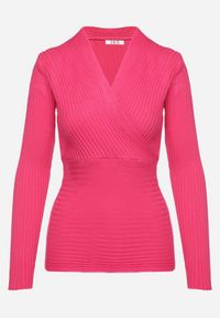 Born2be - Fuksjowy Dopasowany Sweter w Prążki z Kopertowym Dekoltem Masasani. Kolor: różowy. Materiał: bawełna. Wzór: prążki #6